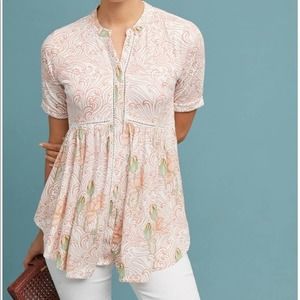 Anthropologie Tunic Top Large Floral Print Button-Up Empire Akemi Kin Veria